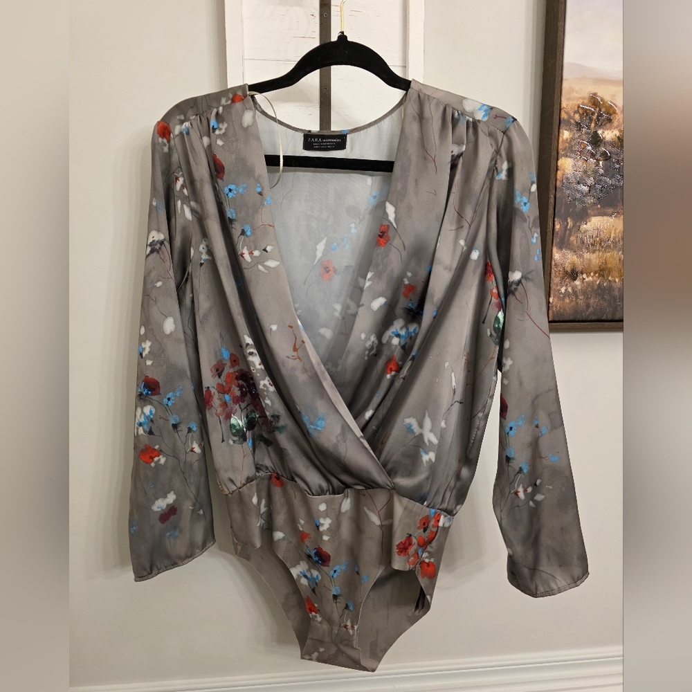 Zara Silver, Blue And Red Floral Satin Bodysuit New Without Tags